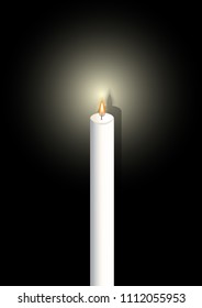 White candle Mourning symbol. RIP Funeral card Black Background Vector