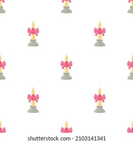 White candle with pink bow in candlestick pattern seamless background texture repeat wallpaper geometric vector