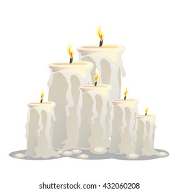 White candles burn and melt. Vector illustration.