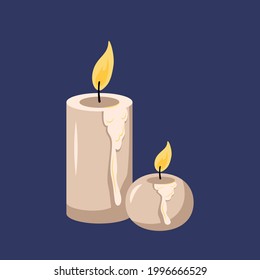 White candles on a blue background with dripping wax and fire. Icon and decoration for the holiday, romantic dinner, birthday, halloween, valentine day