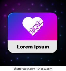 White Candy in heart shaped box and bow icon isolated on black background. Valentines Day. Rectangle color button. Vector Illustration