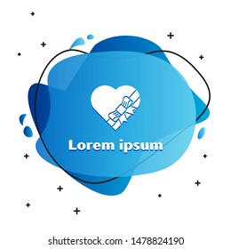 White Candy in heart shaped box and bow icon isolated on white background. Valentines Day. Abstract banner with liquid shapes. Vector Illustration