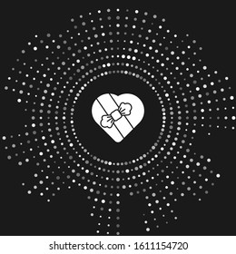 White Candy in heart shaped box and bow icon isolated on grey background. Valentines Day. Abstract circle random dots. Vector Illustration