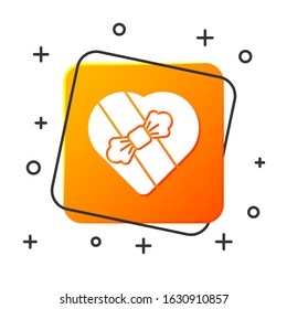 White Candy in heart shaped box and bow icon isolated on white background. Valentines Day. Orange square button. Vector Illustration