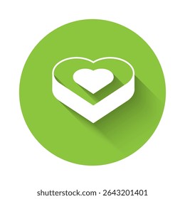 White Candy in heart shaped box icon isolated with long shadow background. Valentines Day. Green circle button. Vector