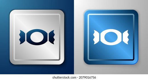 White Candy icon isolated on blue and grey background. Happy Halloween party. Silver and blue square button. Vector