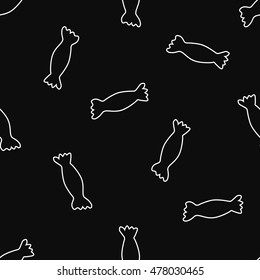 White candy outline on black background seamless pattern. Vector illustration.
