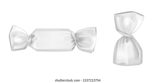 White candy wrappers, blank foil or paper wrapping package for lollipop and chocolate truffle sweets design elements for production advertising Realistic 3d vector illustration, isolated clip art