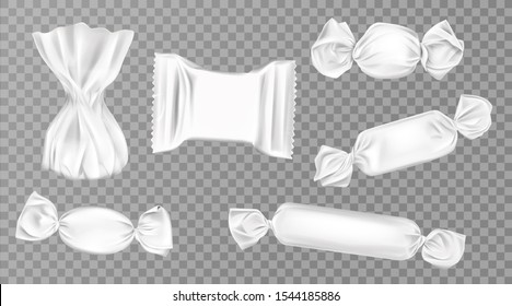 White candy wrappers set. Blank package for lollipops, chocolate, truffle and pouch sweets production, design elements isolated on transparent background.. Realistic 3d vector illustration, clip art