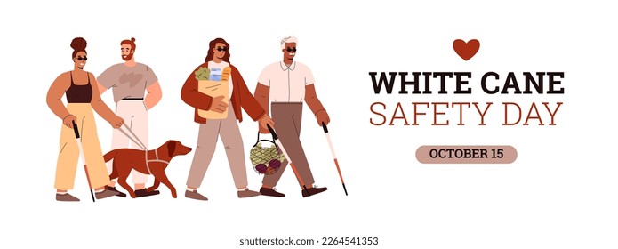 White cane safety day banner or poster design with blind people characters, flat vector illustration. Inclusive city space for blind or visually impaired people.