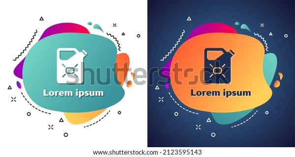 White Canister for flammable liquids icon isolated\
on white and blue background. Oil or biofuel, explosive chemicals,\
dangerous substances. Abstract banner with liquid shapes.\
Vector