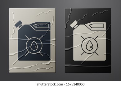 White Canister for motor machine oil icon isolated on crumpled paper background. Oil gallon. Oil change service and repair. Engine oil sign. Paper art style. Vector Illustration