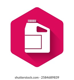 White Canister for motor machine oil icon isolated with long shadow background. Oil gallon. Oil change service and repair. Engine oil sign. Pink hexagon button. Vector