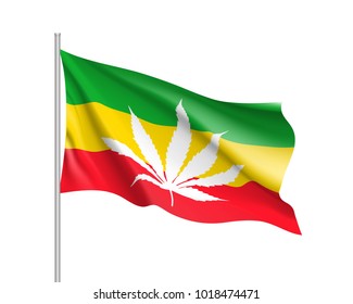 White cannabis leaf on rasta flag background, realistic waving banner. Vector illustration of a symbol of medical marijuana