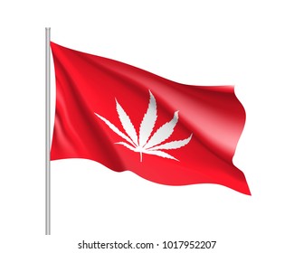 White cannabis leaf on red background, realistic waving flag. Vector illustration of a symbol of medical marijuana