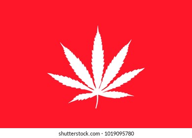 White cannabis leaf on red background, flag, flat icon. Vector illustration of a symbol of medical marijuana