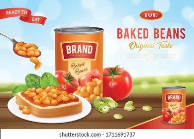 White canned beans baked in tomato sauce ready to eat realistic advertising poster nature background  vector illustration 