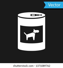 White Canned food for dog icon isolated on black background. Food for animals. Pet dog food can. Vector Illustration