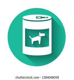 White Canned food for dog icon isolated with long shadow. Food for animals. Pet dog food can. Green circle button. Vector Illustration