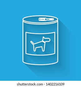 White Canned food for dog line icon isolated with long shadow. Food for animals. Pet dog food can. Vector Illustration