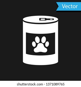 White Canned food icon isolated on black background. Food for animals. Pet food can. Dog or cat paw print. Vector Illustration