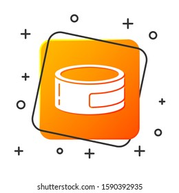 White Canned food icon isolated on white background. Food for animals. Pet food can. Orange square button. Vector Illustration