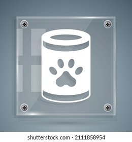 White Canned food icon isolated on grey background. Food for animals. Pet food can. Square glass panels. Vector