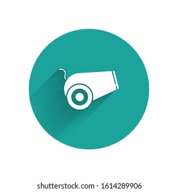 White Cannon icon isolated with long shadow. Medieval weapons. Green circle button. Vector Illustration