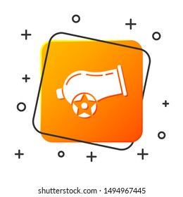 White Cannon icon isolated on white background. Orange square button. Vector Illustration