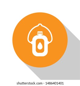 White Canteen water bottle icon isolated on white background. Tourist flask icon. Jar of water use in the campaign. Orange circle button. Vector Illustration