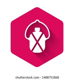 White Canteen water bottle icon isolated with long shadow. Tourist flask icon. Jar of water use in the campaign. Pink hexagon button. Vector Illustration