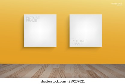 White canvas frame on yellow wall background in room space. Vector illustration.