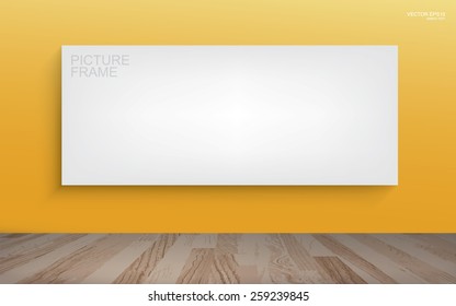 White canvas frame on yellow wall background in room space. Vector illustration.