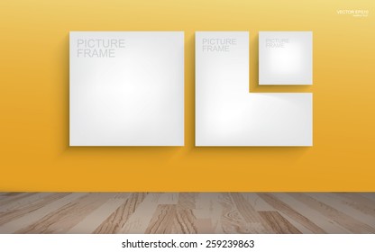 White canvas frame on yellow wall background in room space. Vector illustration.