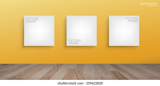 White canvas frame on yellow wall background in room space. Vector illustration. 