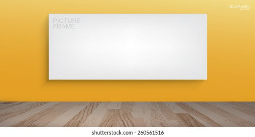 White canvas frame on yellow wall background in room space. Vector illustration.