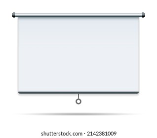 White canvas screen. School wall projector screen, meeting business white board isolated, blank network presentation whiteboard, projection roll a-board vector illustration