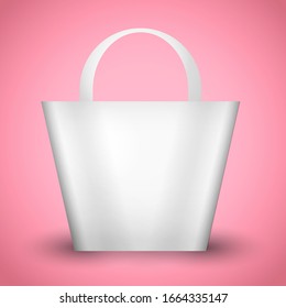 White canvas tote bag mockup icon on pink background. Vector empty plastic package mock up design. Blank handmade cute shopping bag. Cloth sack for woman. Beauty feminine bag design