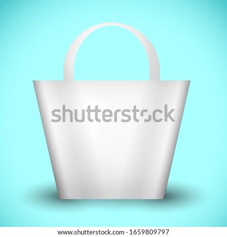 White canvas tote bag mockup on blue background. Vector empty plastic package mock up design. Blank handmade paper shopping gift bag with silk handles on isolated. Fabric cloth sack for woman.