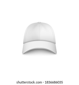 White cap mockup from front view - realistic cotton baseball hat with blank copy space isolated on white background, company branding template vector illustration.