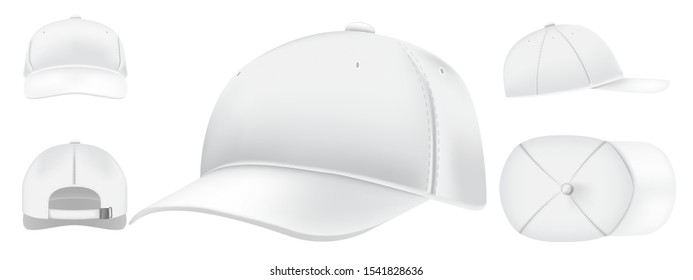 White cap mockup. Sport caps top view, baseball hat and uniform hats views realistic 3D vector set. Casual clothing, fashion, informal style wear. Modern headwear front, top, side, back view pack