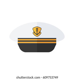 White cap of ship Captain. Naval uniform. Flat vector cartoon illustration. Objects isolated on a white background.