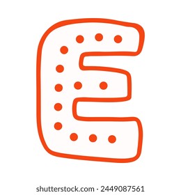 White capital letter E with red dots scattered around it on a gray background.