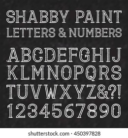 White capital letters and numbers of shabby paint on a black marble surface. Outline font with cracks. Type in grunge style. Isolated alphabet.