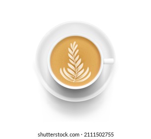 White cappuccino cup with latte flower art. Vector illustration on white background. EPS10.