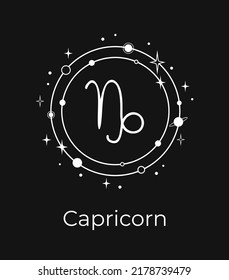 Signo de Capricornio blanco con planetas y estrellas en fondo negro