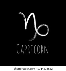 White Capricorn zodiac symbol vector, hand painted horoscope sign. Astrological icon isolated. Capricorn astrology zodiac sign clip art on black background.