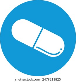 White capsule graphic blue circle, medicine logo pharmacy, healthcare drug design, isolated white background. Vector illustration medical pill icon, medication symbol, therapeutic treatment