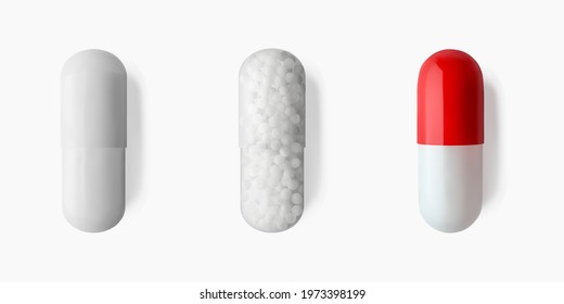 White Capsules Pill Isolated 3d Realistic Vector Illustration. Pharmaceutical Concept. Nutrients, Probiotics, Painkiller, Antibiotic, Supplements