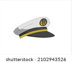 White captain cap with golden badge - anchor. Side and front view. Vector illustration, flat design, cartoon style. Isolated on white background.